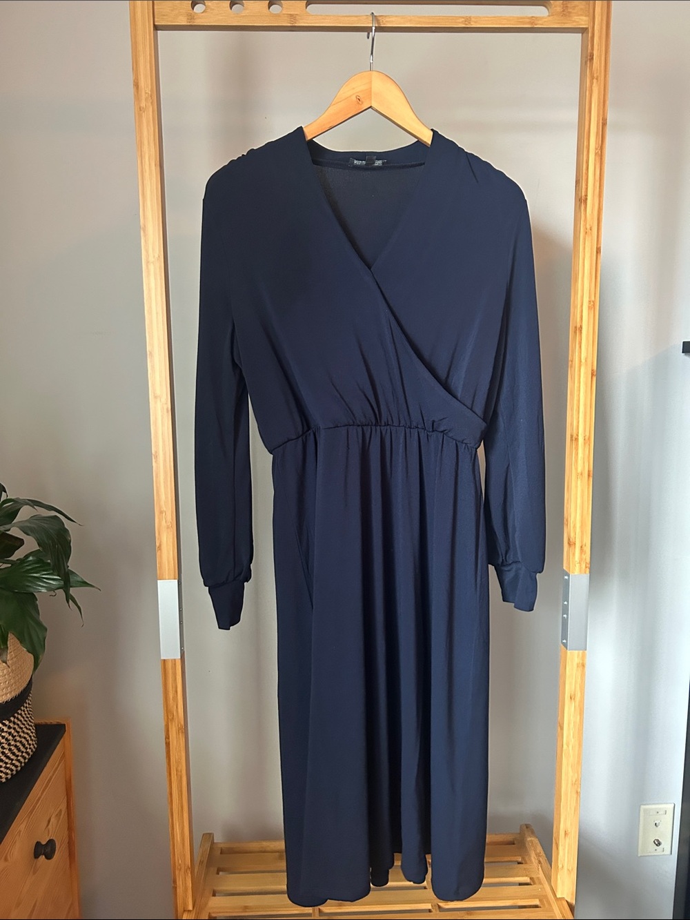 Adrianna Papell Navy Long Sleeve Wrap-Front Midi Dress See Description